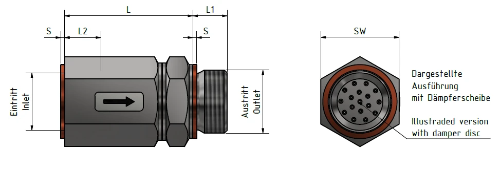 Maßzeichnung PDV-DS mit den Maßen L, L1, L2, S und SW; Stirnansicht der Dämpferscheibe mit Düsenbohrungen